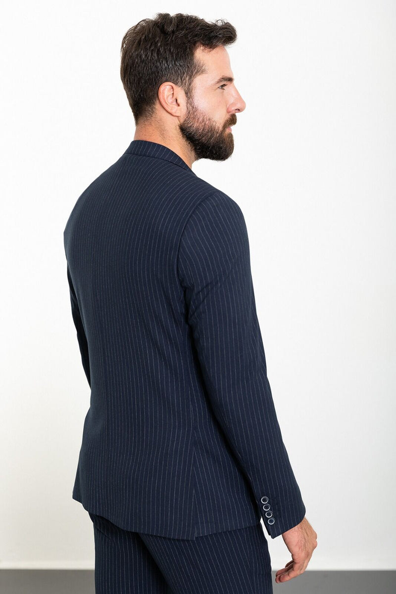 MCR | Zweiteiliges Set, Slim Fit Blau gestreiftes Sakko und Hose mit Kordelzug