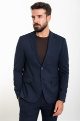 MCR | Zweiteiliges Set, Slim Fit Blau gestreiftes Sakko und Hose mit Kordelzug