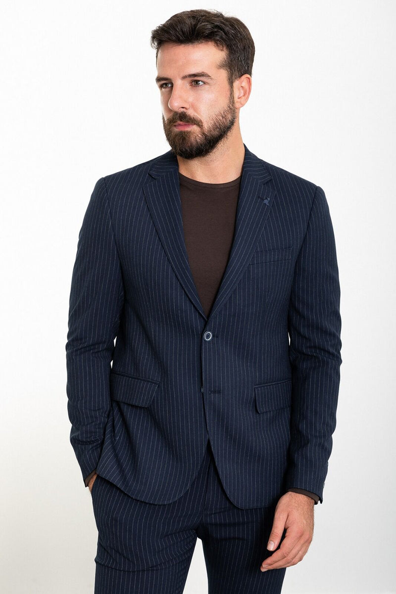 MCR | Zweiteiliges Set, Slim Fit Blau gestreiftes Sakko und Hose mit Kordelzug