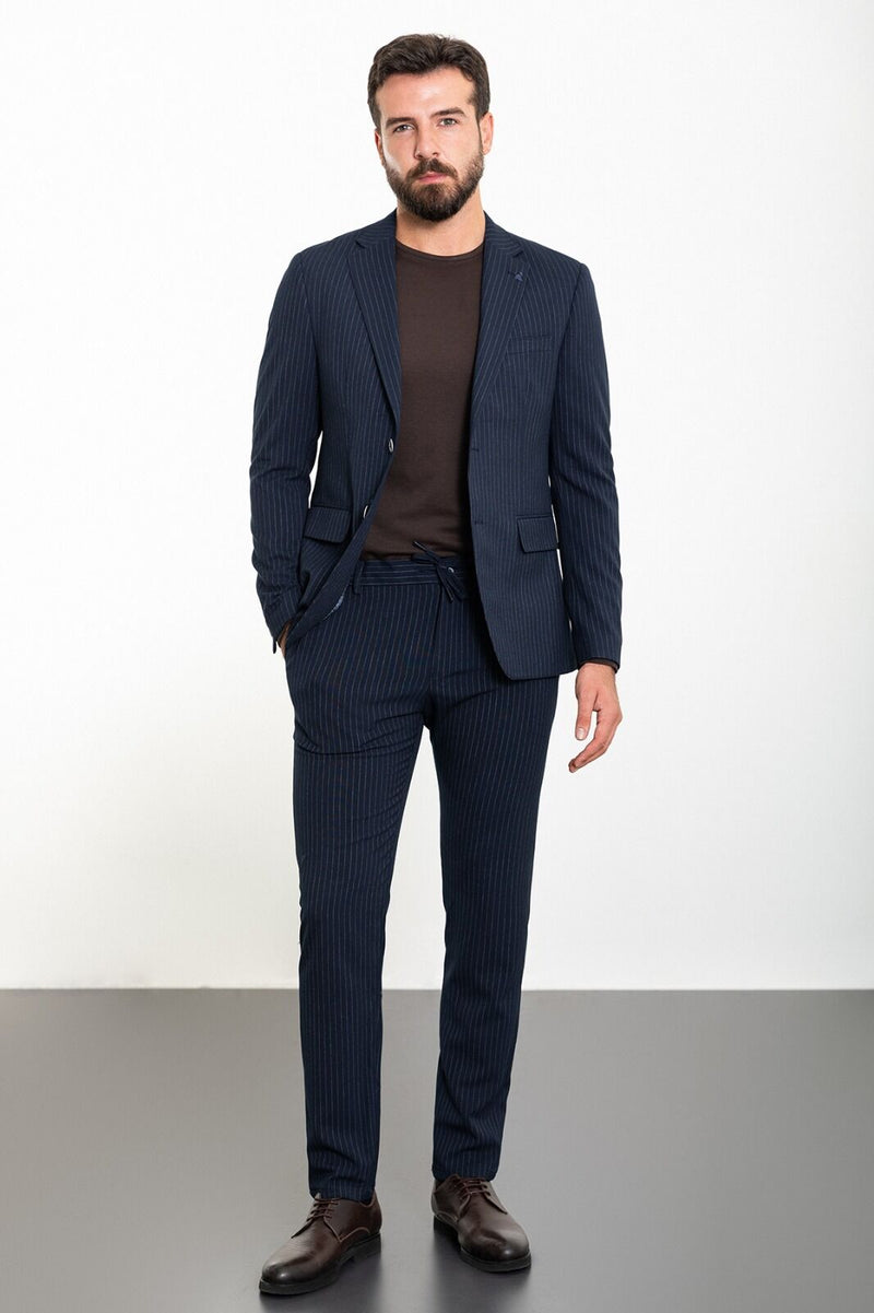MCR | Zweiteiliges Set, Slim Fit Blau gestreiftes Sakko und Hose mit Kordelzug