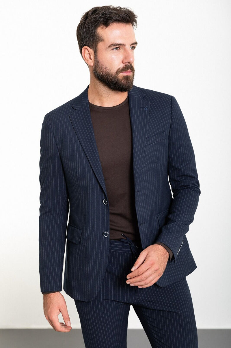 MCR | Zweiteiliges Set, Slim Fit Blau gestreiftes Sakko und Hose mit Kordelzug
