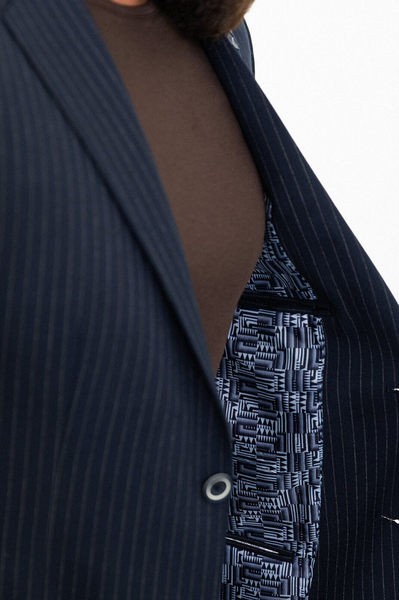 MCR | Zweiteiliges Set, Slim Fit Blau gestreiftes Sakko und Hose mit Kordelzug