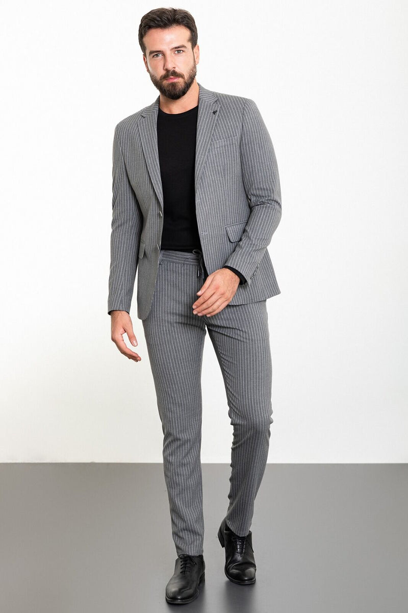 MCR | Zweiteiliges Set, Slim Fit Grau gestreiftes Sakko und Hose mit Kordelzug