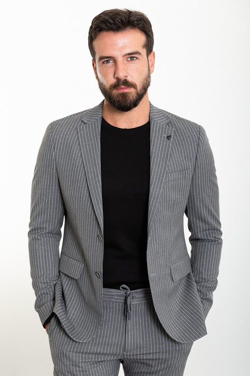 MCR | Zweiteiliges Set, Slim Fit Grau gestreiftes Sakko und Hose mit Kordelzug